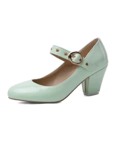 Discount Retro Stage Round Toe Patent Leather Buckle High Heels