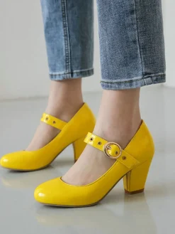Discount Retro Stage Round Toe Patent Leather Buckle High Heels