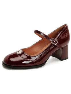 Fashion Retro Stage Round Toe Patent Leather Mid-Heeled Shoes