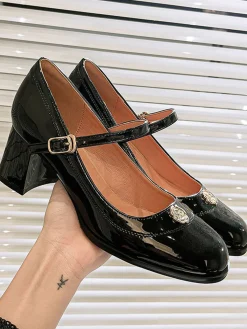 Fashion Retro Stage Round Toe Patent Leather Mid-Heeled Shoes