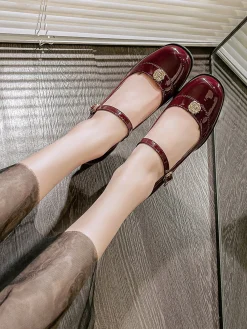 Fashion Retro Stage Round Toe Patent Leather Mid-Heeled Shoes