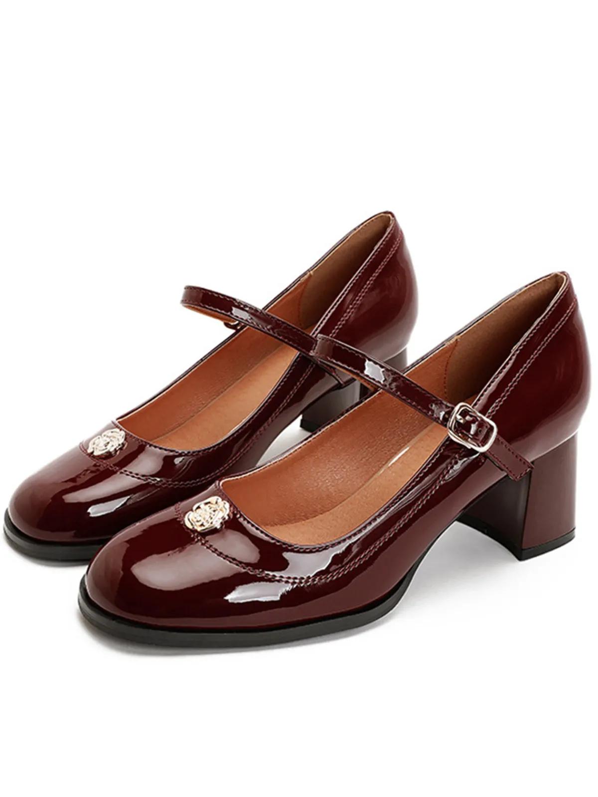 Fashion Retro Stage Round Toe Patent Leather Mid-Heeled Shoes