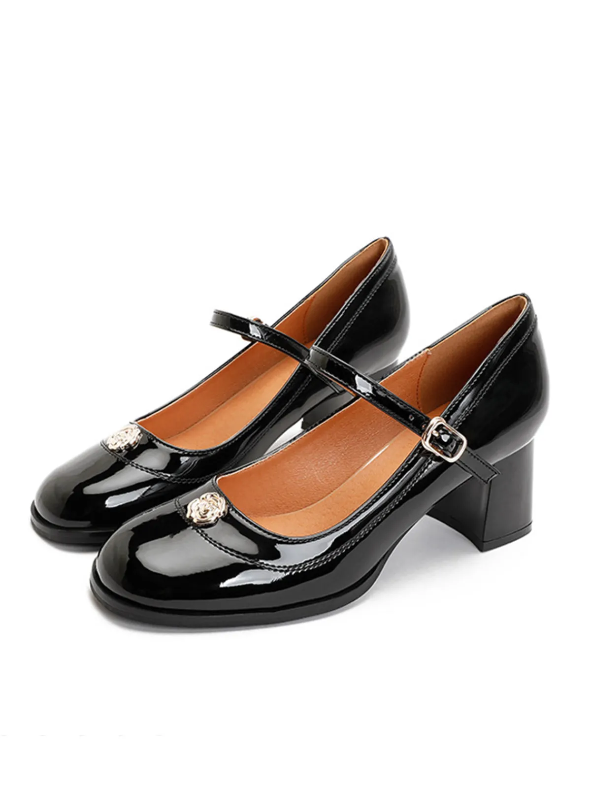 Fashion Retro Stage Round Toe Patent Leather Mid-Heeled Shoes