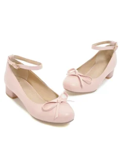 Best Retro Stage Round Toe Solid Buckle Bow High Heels