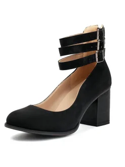 Online Retro Stage Round Toe Thick-Soled Wood-Grain Chunky Heel Shoes