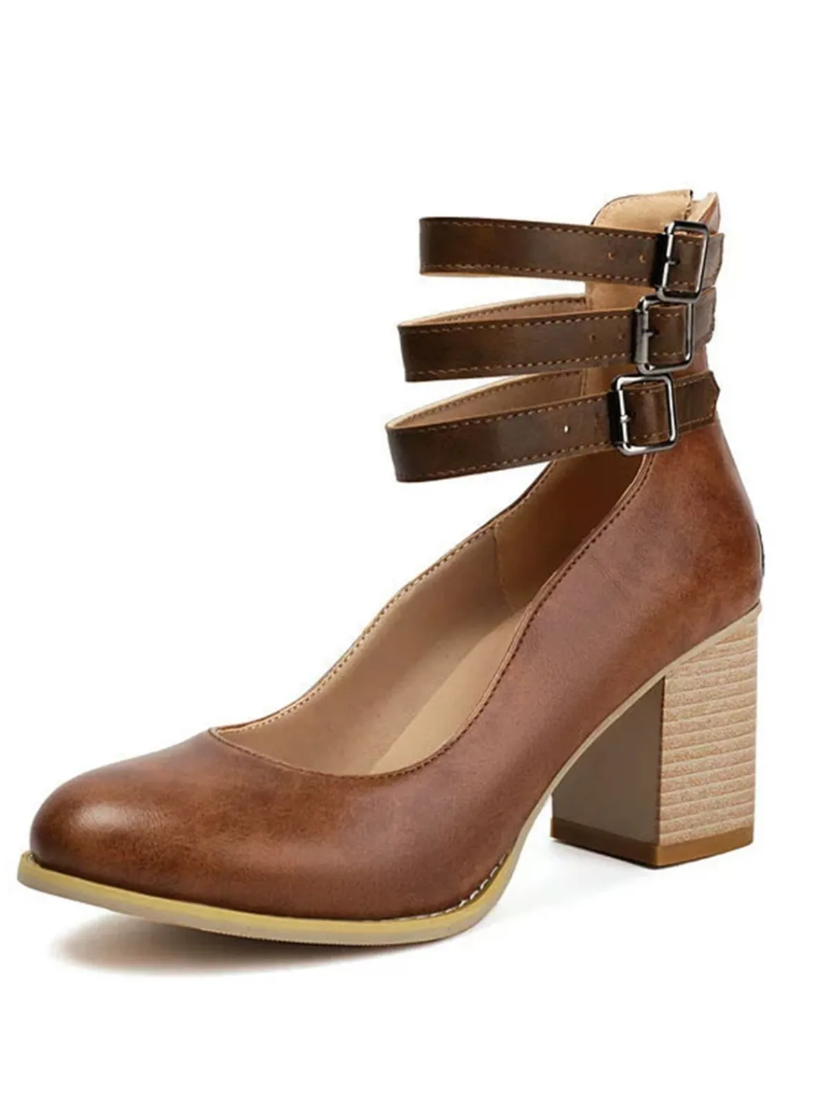 Online Retro Stage Round Toe Thick-Soled Wood-Grain Chunky Heel Shoes