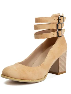 Online Retro Stage Round Toe Thick-Soled Wood-Grain Chunky Heel Shoes