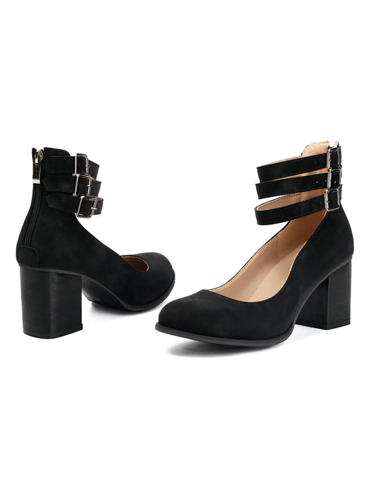 Online Retro Stage Round Toe Thick-Soled Wood-Grain Chunky Heel Shoes