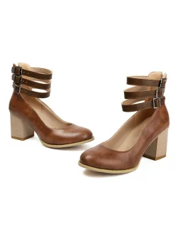 Online Retro Stage Round Toe Thick-Soled Wood-Grain Chunky Heel Shoes