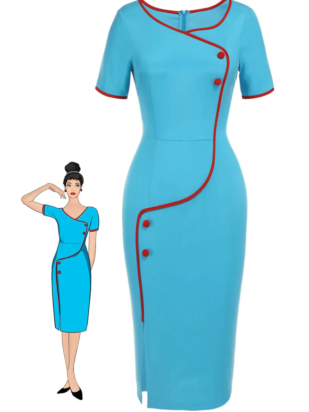 Hot Retro Stage 1960s Button Pencil Dress Royal Blue & Red