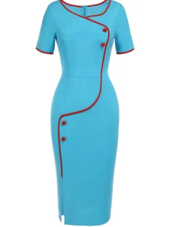 Hot Retro Stage 1960s Button Pencil Dress Royal Blue & Red