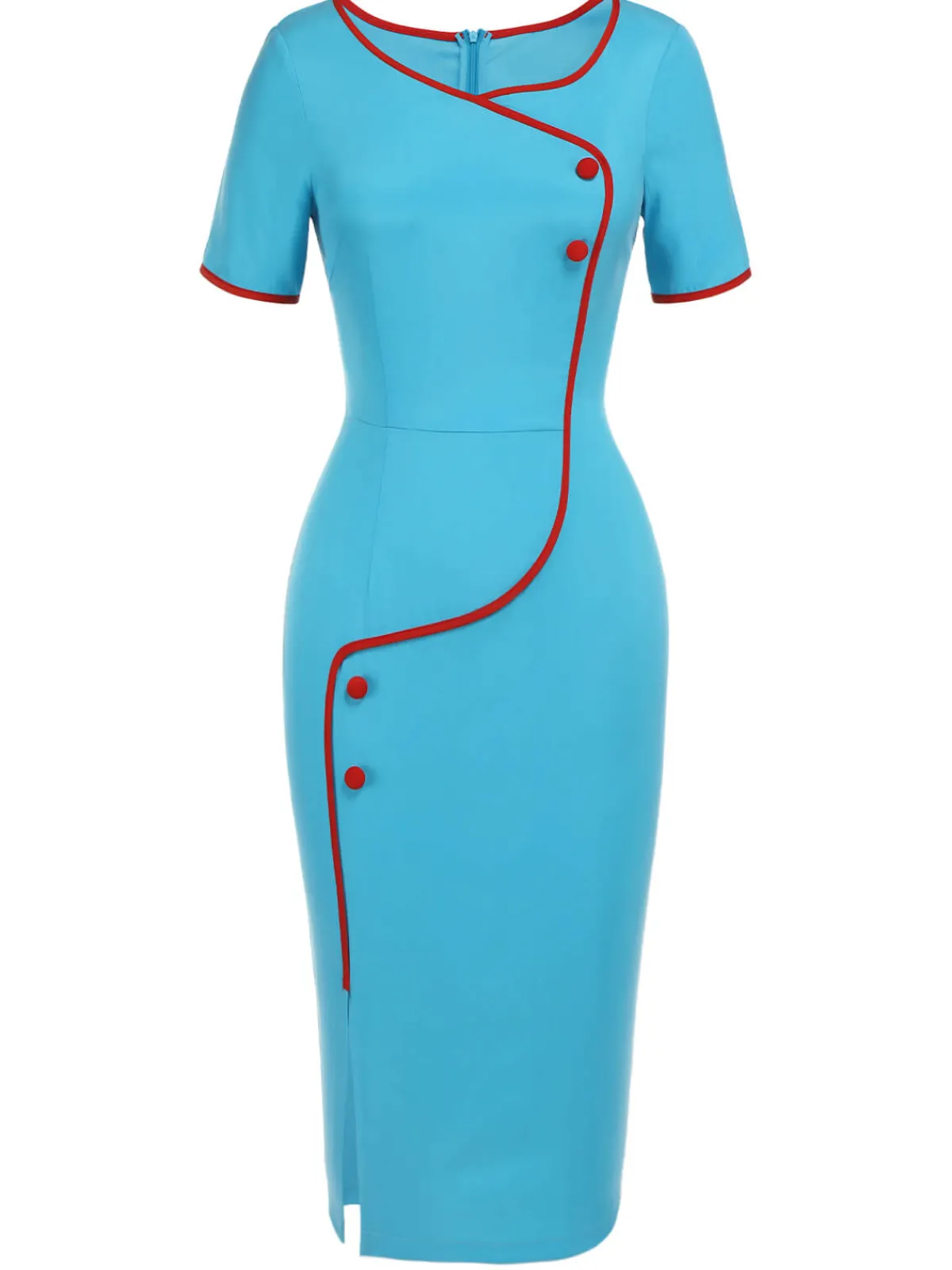 Hot Retro Stage 1960s Button Pencil Dress Royal Blue & Red