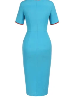 Hot Retro Stage 1960s Button Pencil Dress Royal Blue & Red