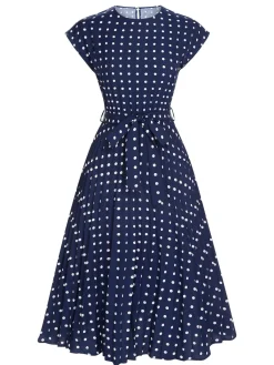 Best Retro Stage 1940s Polka Dots Belt Cap Dress Royal Blue