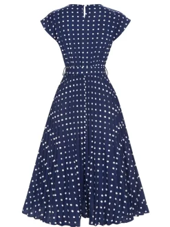 Best Retro Stage 1940s Polka Dots Belt Cap Dress Royal Blue
