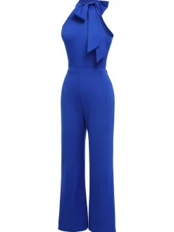 Best Retro Stage 1930s Tie Neck Jumpsuit Royal Blue