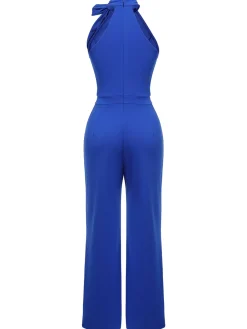 Best Retro Stage 1930s Tie Neck Jumpsuit Royal Blue