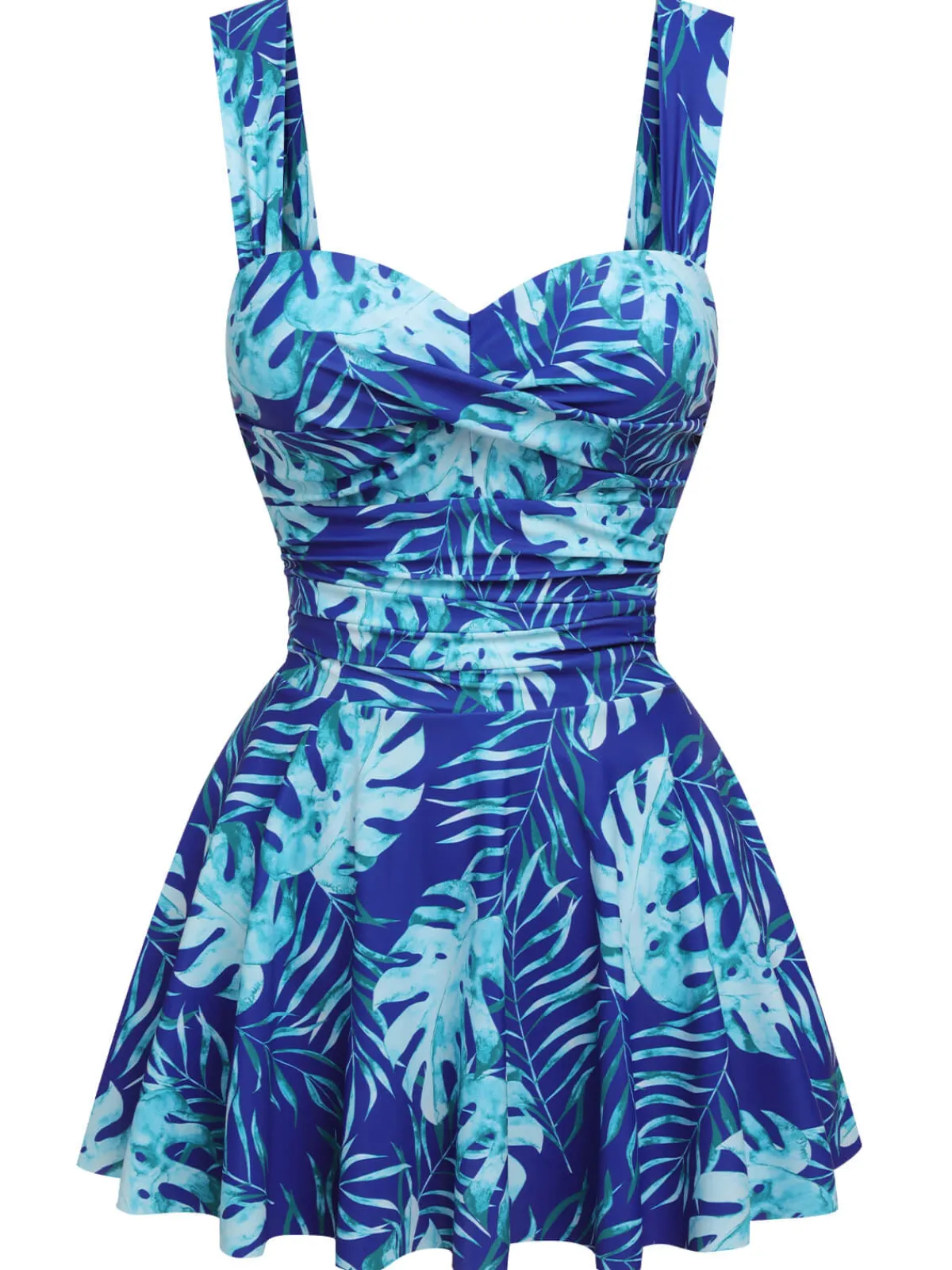 New Retro Stage 1960s Tropical Plants Swimsuit Set Royal Blue
