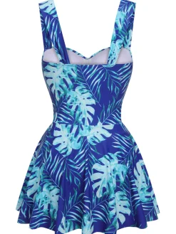 New Retro Stage 1960s Tropical Plants Swimsuit Set Royal Blue