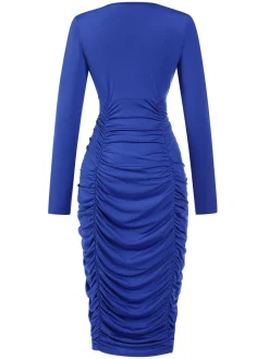 Clearance Retro Stage 1960s V-Neck Pleated Dress Royal Blue