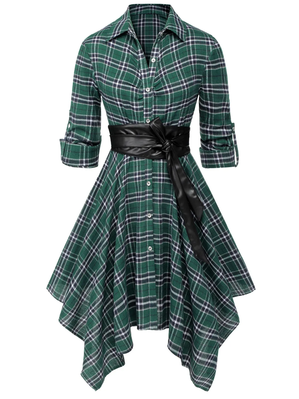 Best Retro Stage 1950s 3/4 Sleeve Plaid Belt Dress