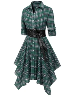 Best Retro Stage 1950s 3/4 Sleeve Plaid Belt Dress