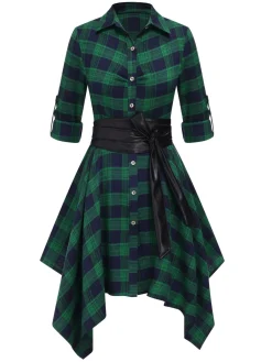 Best Retro Stage 1950s 3/4 Sleeve Plaid Belt Dress