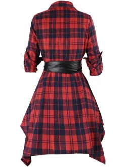 Best Retro Stage 1950s 3/4 Sleeve Plaid Belt Dress