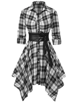Best Retro Stage 1950s 3/4 Sleeve Plaid Belt Dress