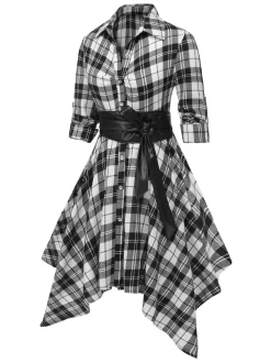 New Retro Stage 1950s 3/4 Sleeve Plaid Belt Dress