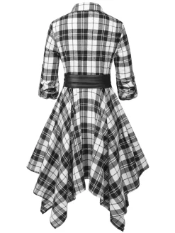 New Retro Stage 1950s 3/4 Sleeve Plaid Belt Dress