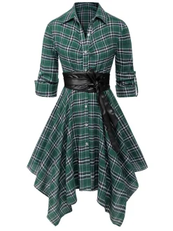 Best Retro Stage 1950s 3/4 Sleeve Plaid Belt Dress