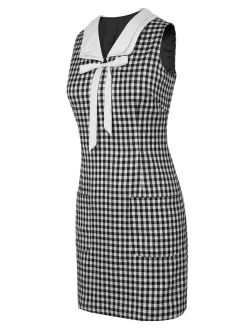Hot Retro Stage 1960s Acetate Gingham Plaid Shift Dress Black