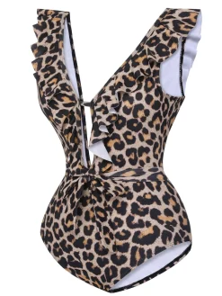 Discount Retro Stage 1950s All-Over Print Ruffled Belt One-Piece Swimsuit