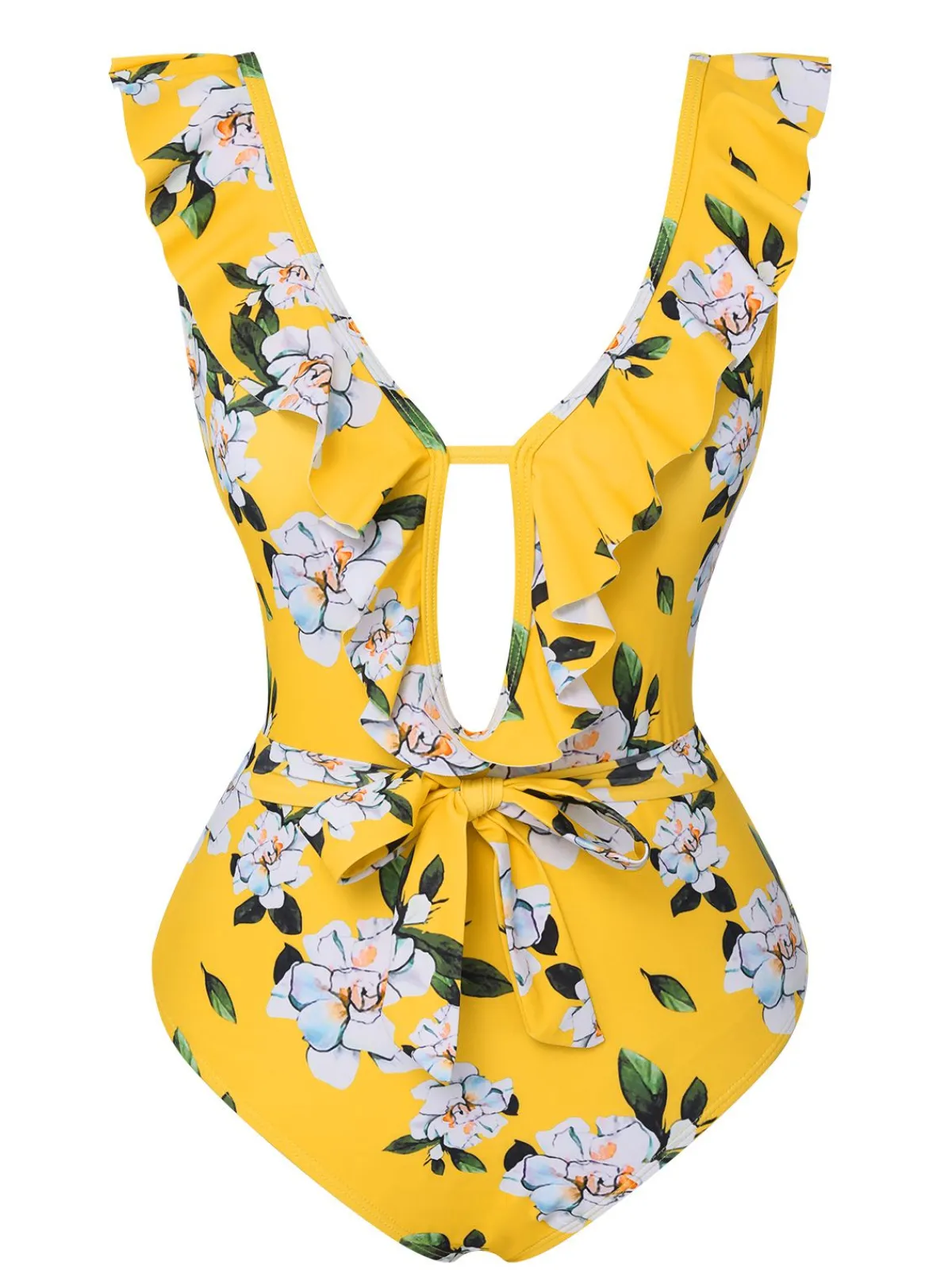 Discount Retro Stage 1950s All-Over Print Ruffled Belt One-Piece Swimsuit