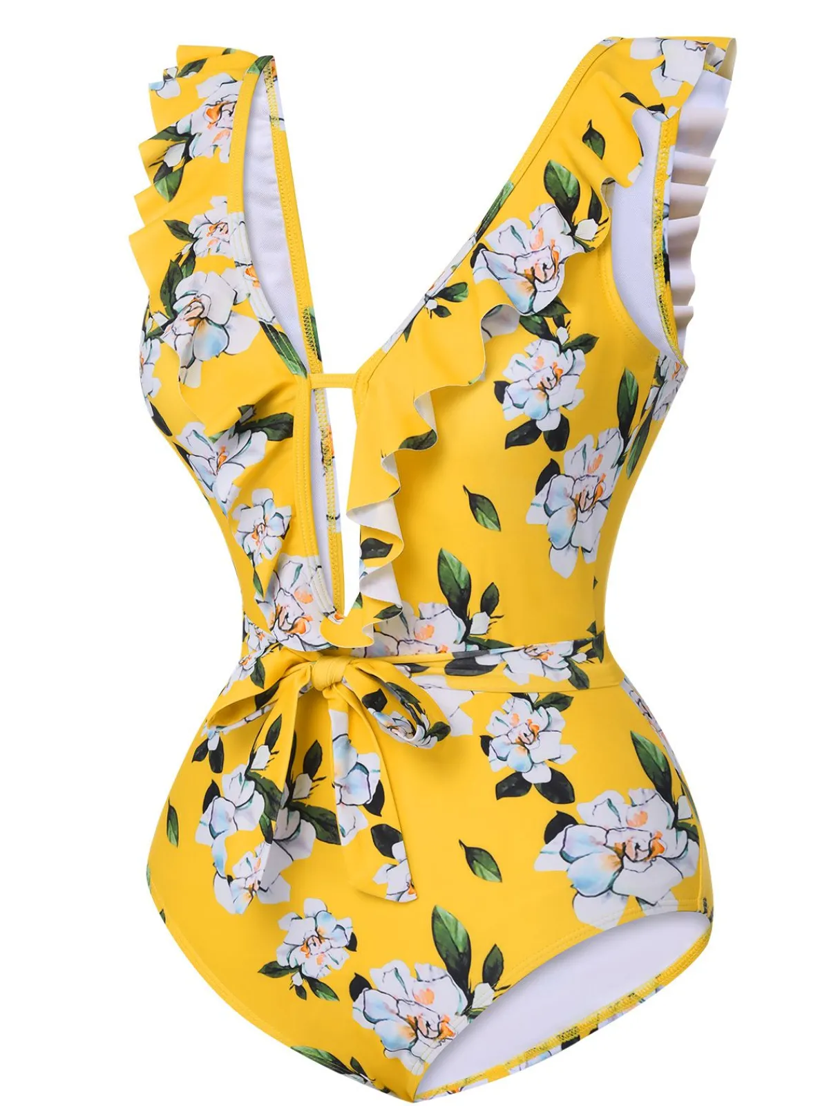 Discount Retro Stage 1950s All-Over Print Ruffled Belt One-Piece Swimsuit