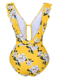 Discount Retro Stage 1950s All-Over Print Ruffled Belt One-Piece Swimsuit