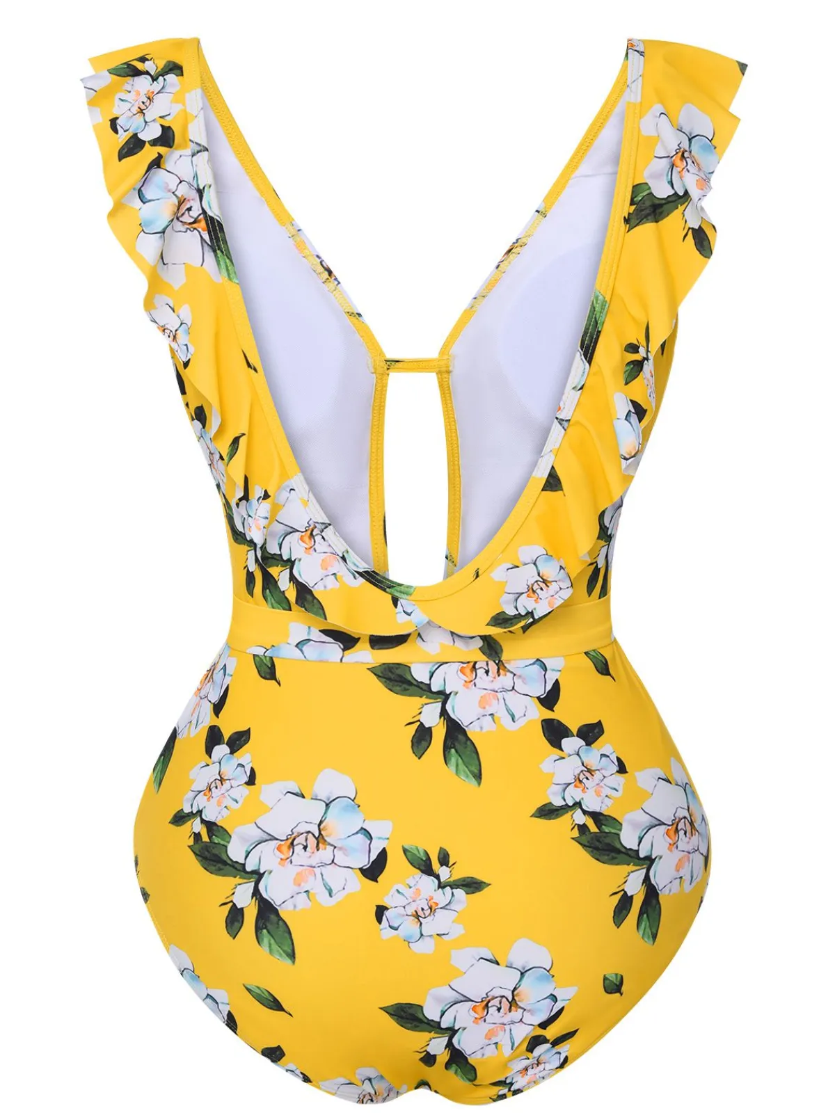 Discount Retro Stage 1950s All-Over Print Ruffled Belt One-Piece Swimsuit