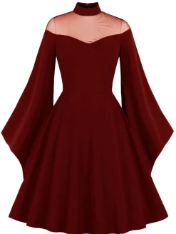 New Retro Stage 1950s Angel Sleeve Solid Swing Dress