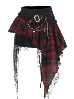 Discount Retro Stage 1980s Asymmetric Plaids Lace Chain Gothic Skirt Wine Red