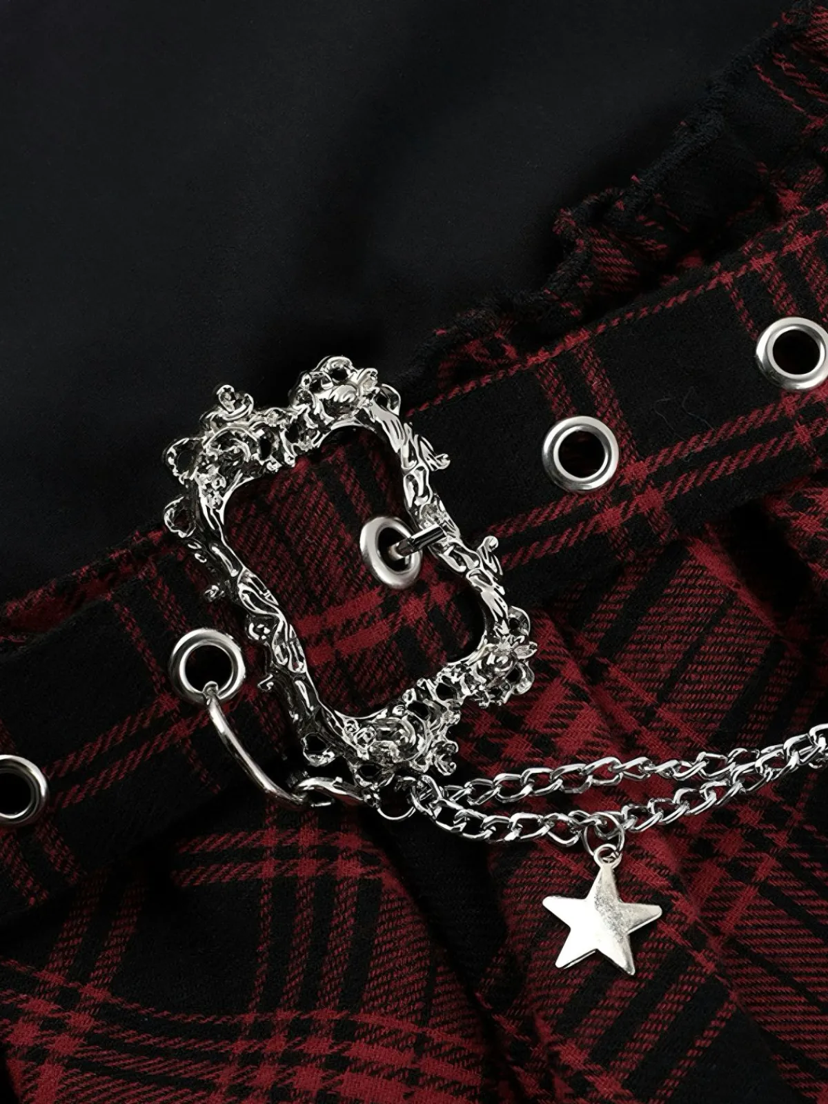 Discount Retro Stage 1980s Asymmetric Plaids Lace Chain Gothic Skirt Wine Red