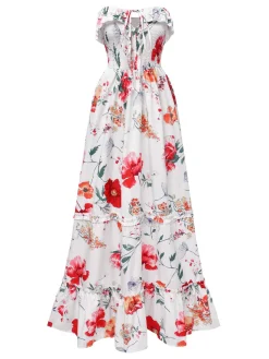 Fashion Retro Stage 1930s Bandeau Floral Tiered Ruffle Hem Dress Multicolor