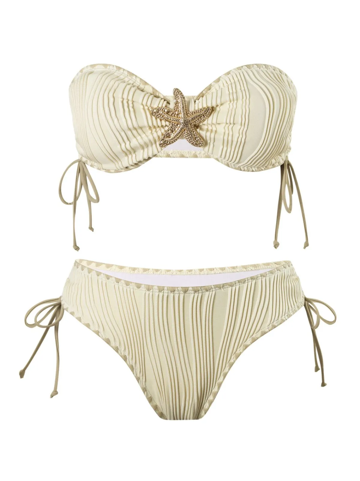 Clearance Retro Stage 1950s Bandeau Sand-Ripple Jeweled Starfish Bikini Set Beige
