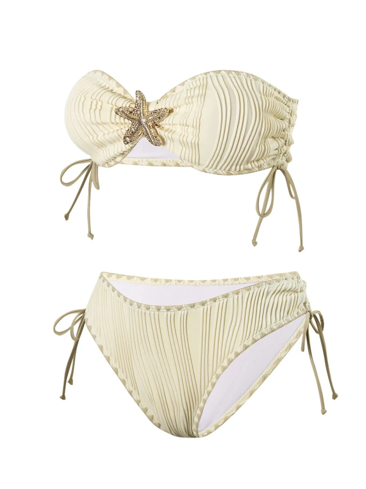 Clearance Retro Stage 1950s Bandeau Sand-Ripple Jeweled Starfish Bikini Set Beige