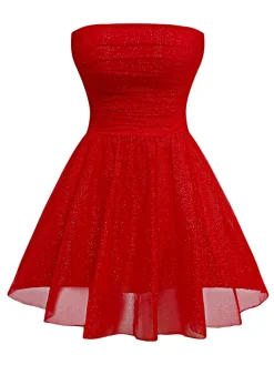 Discount Retro Stage 1950s Bandeau Solid Glitter Back Bow Skater Dress
