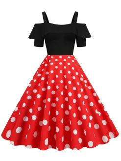 Clearance Retro Stage 1950s Black Patchwork Polka Dot Strap Dress