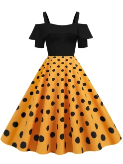 Clearance Retro Stage 1950s Black Patchwork Polka Dot Strap Dress
