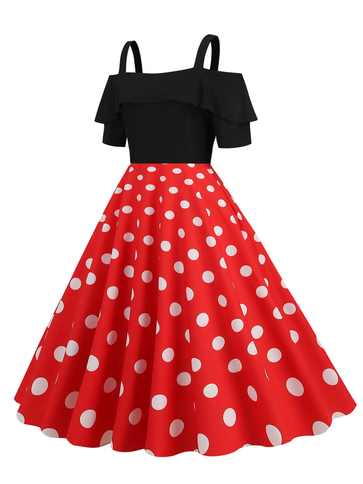 Clearance Retro Stage 1950s Black Patchwork Polka Dot Strap Dress