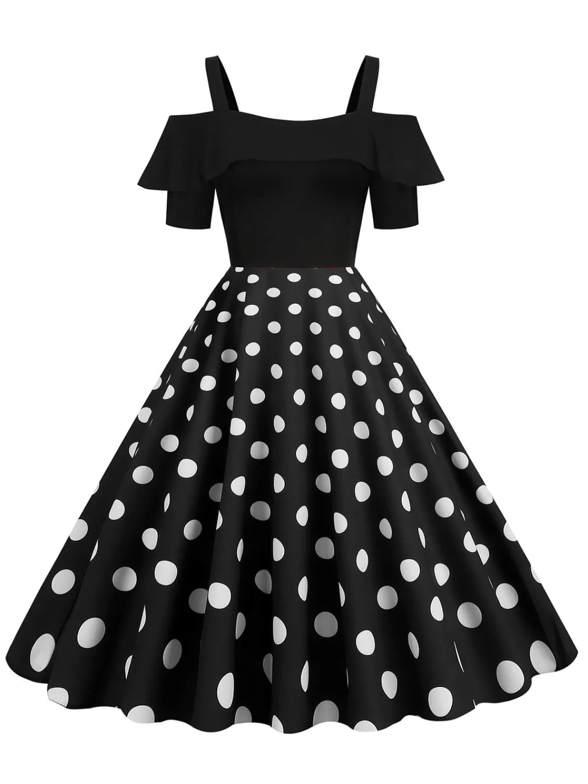 Clearance Retro Stage 1950s Black Patchwork Polka Dot Strap Dress