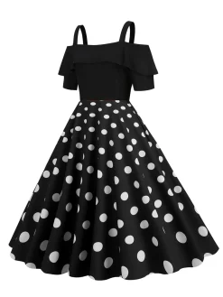 Clearance Retro Stage 1950s Black Patchwork Polka Dot Strap Dress